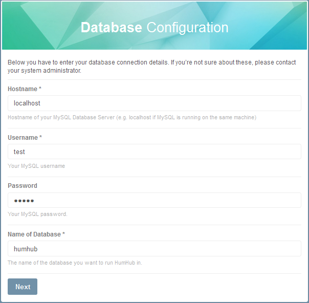 Humhub mysql database configuration