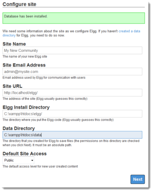 elgg site settings on install