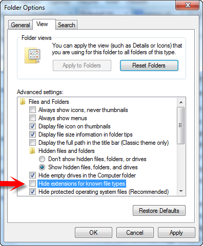 hidden extensions on known filetypes on windows